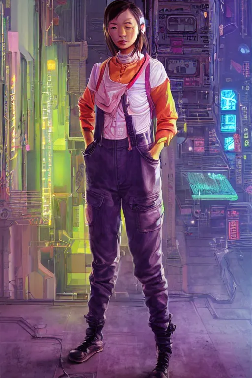 Prompt: a full body illustration of an asian female cyberpunk character wearing dungarees, highly detailed, oil on canvas, soft lighting, neon pastel colors, by Jean Giraud, HD, 4K