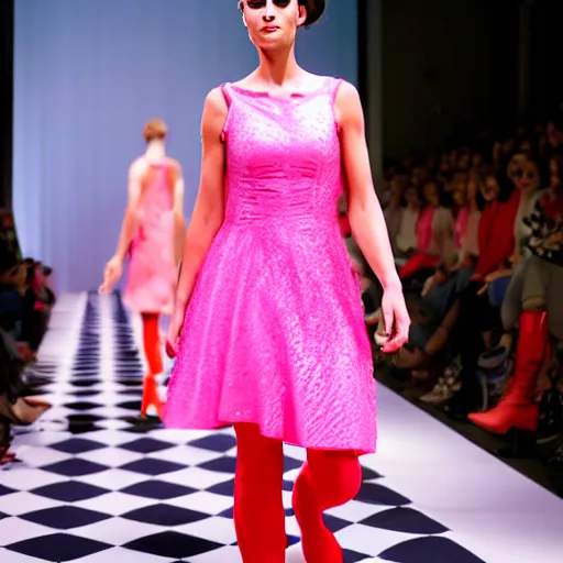 Prompt: a model walking the runway in a pink dress and red boots Designed by Pipilotti Rist, digital art