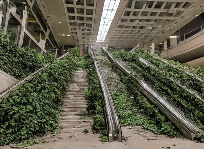 Prompt: an escalator in an abandoned mall in the 1 9 8 0 s, taken over by nature, covered in vines