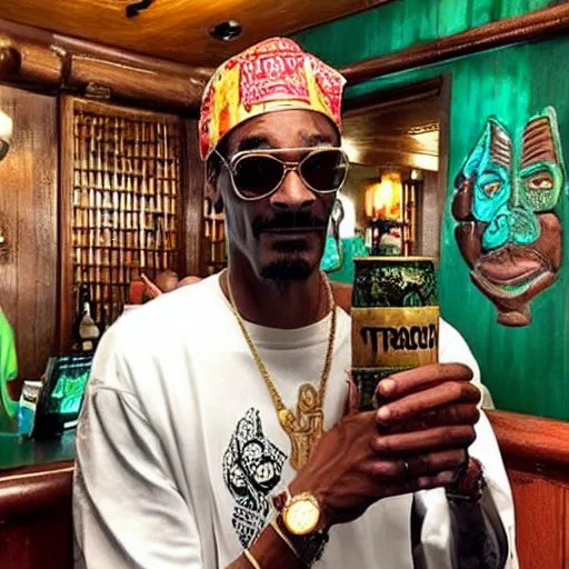 Image similar to snoop dogg at trader vic's bar holding a tiki mug with his face on it