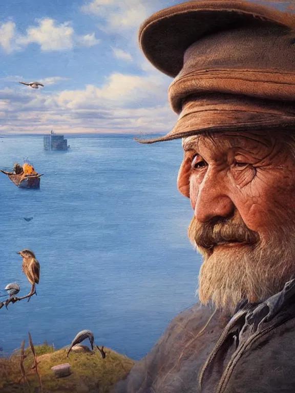 Image similar to realistic renderings portrait of very old fisher man portrait with a hat, wearing a fisher 🧥, ( ( ( a bird in the sky ) ) ) port scene background, astonishing scenes, detailed, photorealism, volumetric lighting, autumn lights colors, ultra detailed