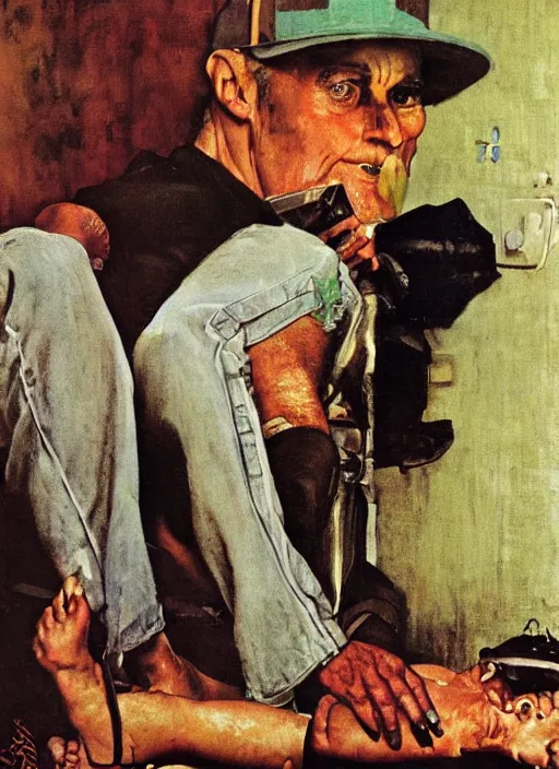 Image similar to dennis hopper crawling around on the floor of a dingy apartment, painted by norman rockwell and tom lovell and frank schoonover, green, dystopian