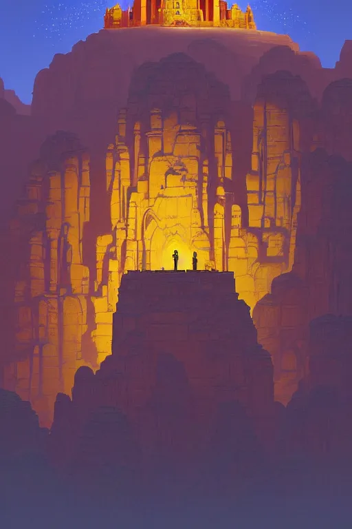 Prompt: ancient indian temple built into canyon walls, monks standing around golden statue glowing yellow, light streaks in the sky, floating planets and moons, dramatic lighting, artstation, matte painting, ralph mcquarrie, simon stalenhag