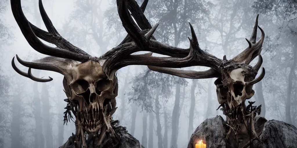 Image similar to leshen with deer skeleton skull and horns, ram skulls, grand imposing powerful sculpture. swirls of mist. occult photorealism, uhd, amazing depth, volumetric lighting, cinematic lighting. epic landscape.