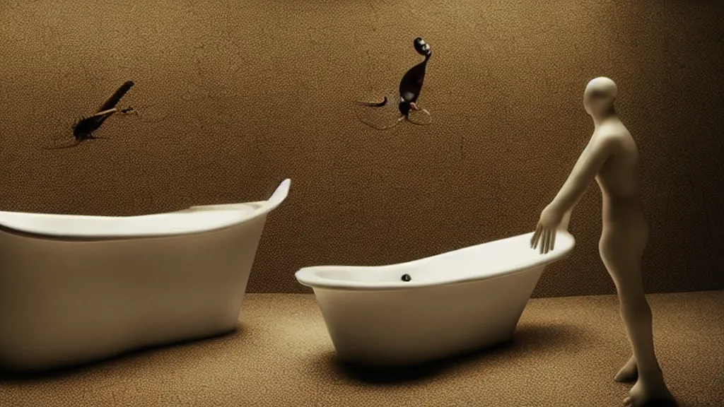 Prompt: the strange creature in a bathtub, makes the water float, film still from the movie directed by Denis Villeneuve with art direction by Salvador Dalí, wide lens