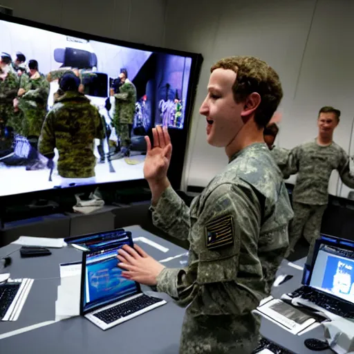 Prompt: mark Zuckerberg controlling a giant military drone from inside a military command center. Images of war on big screens.