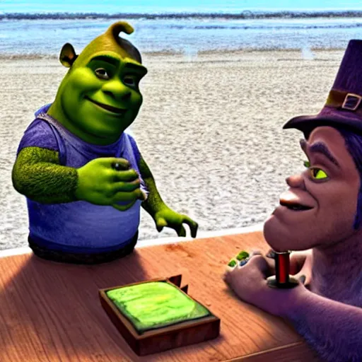Image similar to shrek drinking alcohol on a beach