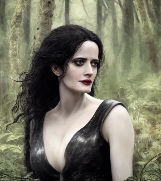 Image similar to 5 5 mm close up portrait photo of eva green as yennefer of vengerberg in black leather armor and long black fluff hair, in a forest. magical atmosphere. art by greg rutkowski. lifelike. very detailed 8 k. intricate. soft light. nikon d 8 5 0.