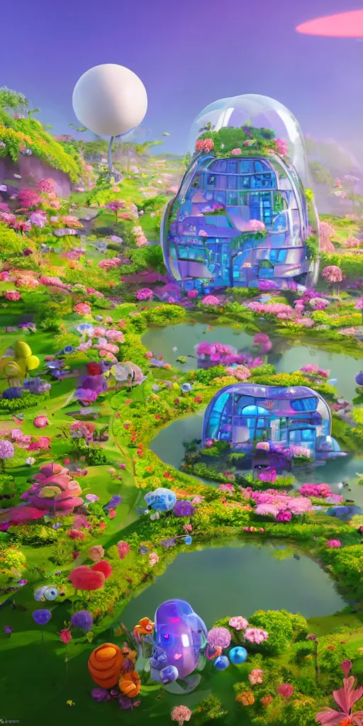 Prompt: humongous technologic flower - shaped house on a alien planet, by pixar, smooth, cinematic, wet reflections, ray tracing x, rtx, smooth