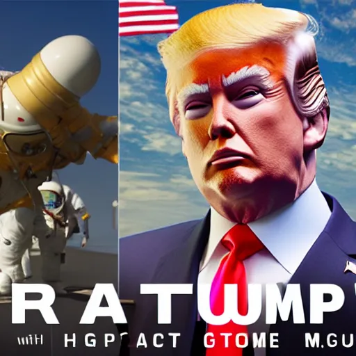 Image similar to Donald Trump with cosmonaut body, realistic artstyle, wide shot, dramatic lighting, octane render, hyperrealistic, high quality, highly detailed, HD, beautiful, cinematic, 8k, unreal engine, facial accuracy, symmetrical