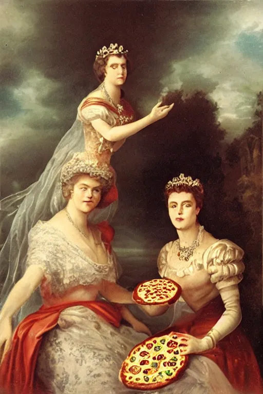 Image similar to historical photo of queen margherita ( savoy ) sharing a pizza! margherita with her slave girl, full body, portrait photo, diffuse light, acclaimed masterpiece