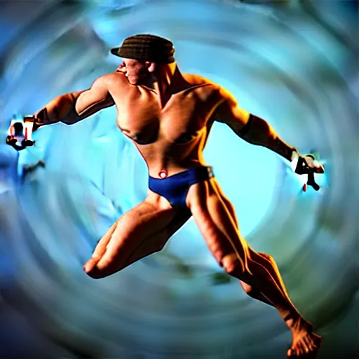 Image similar to “ athletic man dodging bullets, action shot, in the style of boris vallejo and julie bell, photorealistic, unreal engine ”