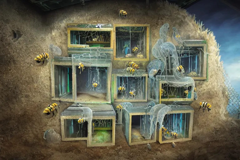 Image similar to favela simple jellyfish bunker honeybee hive, mission arts environment, industrial factory, soothing, award winning art, epic dreamlike fantasy landscape, ultra realistic,