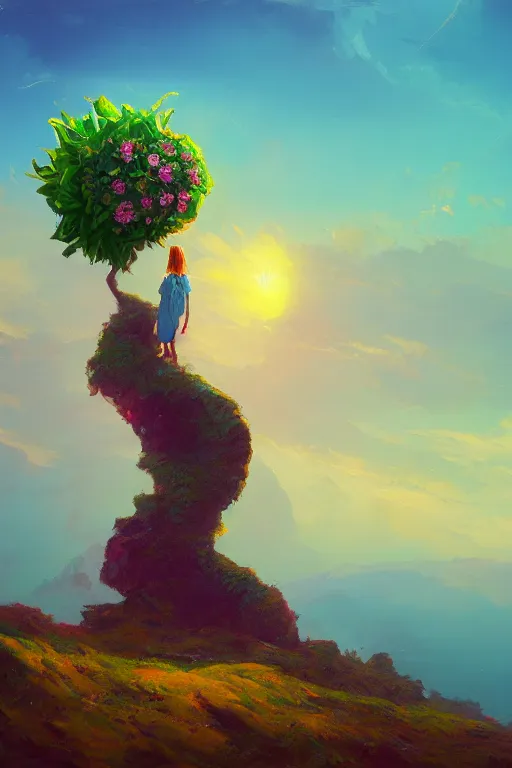 Image similar to closeup, giant flower head, girl standing on cliff, surreal photography, sunrise, blue sky, dramatic light, impressionist painting, digital painting, artstation, simon stalenhag