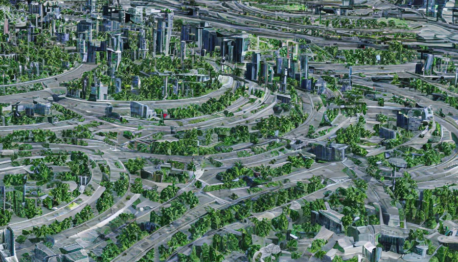 Image similar to roundabout green city with streets, blue buildings, water, highways, stadium, airport, hyperdetailed, artstation, cgsociety, 8 k