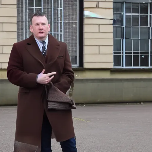 Prompt: DCI Matthew Burke wearing a brown overcoat standing outside a Maryhill police station