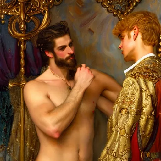 Prompt: attractive fully clothed king confesses his love for his attractive fully clothed male prince. highly detailed painting by gaston bussiere, craig muler, j. c. leyendecker 8 k