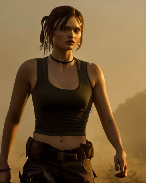 Prompt: bella heathcote as lara croft, golden hour, cinematic