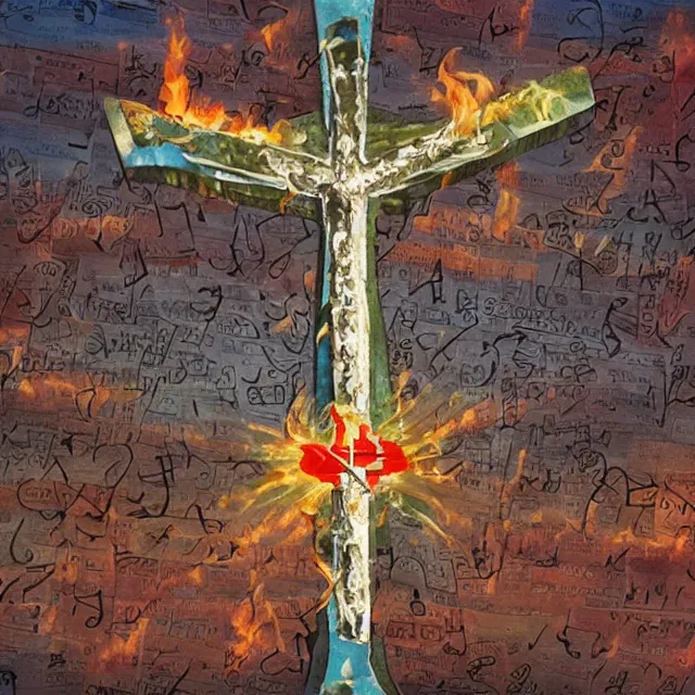 Prompt: burning cross, church, surrealistic collage art