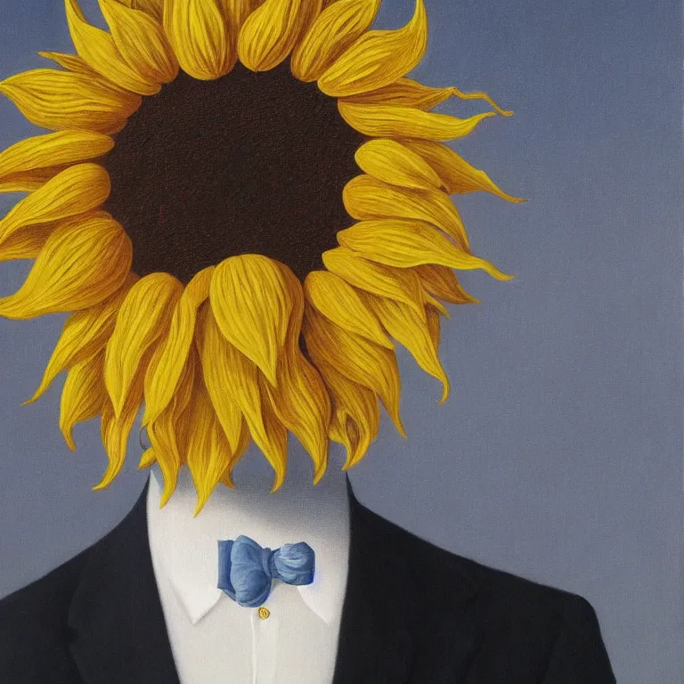 Image similar to portrait of a faceless sunflower - head man in a suit by rene magritte, detailed painting, distance, centered, hd, hq, high resolution, high detail, 4 k, 8 k