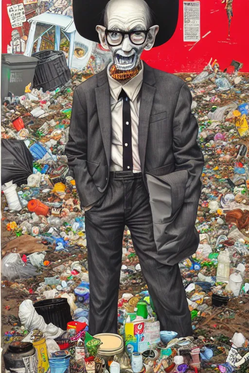 Prompt: full view, from a distance, of anthropomorphic trashcan william s burroughs, full of trash, style of yoshii chie and hikari shimoda and martine johanna, highly detailed