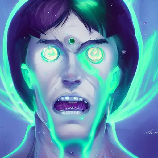 Image similar to Young Danny phantom, transluscent and ghostly, with glowing green eyes and sharp teeth fangs alt art fashion punk, art by WLOP and Charlie Bowater and WLOP and Mark Arian and Ross Tran + neon colors, symmetry,A digital matte intricate illustration concept art , intricate complexity, highly coherent, epic composition, magical atmosphere, highly super detailed, cinematic lighting + masterpiece, trending on artstation + 8k