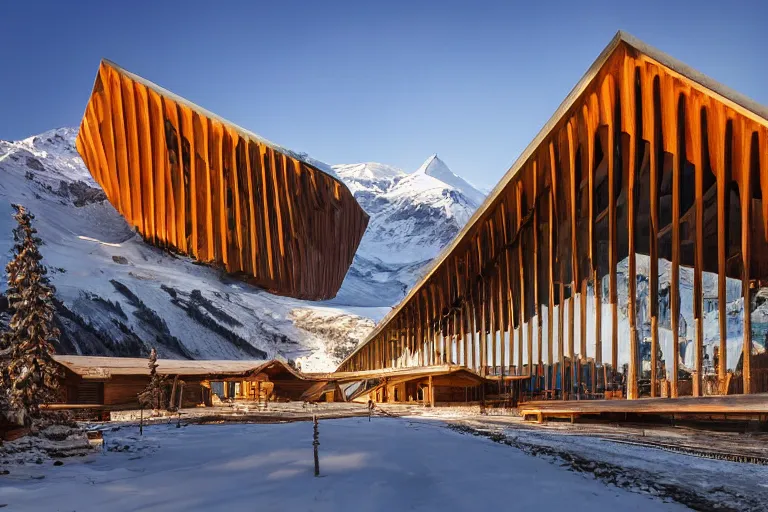 Image similar to architecture photo modern fachwerk wooden giant opera building settlement with Elbrus mountain on the background, architecture, photorealism 8k , shining and happy atmosphere, uplight, high details