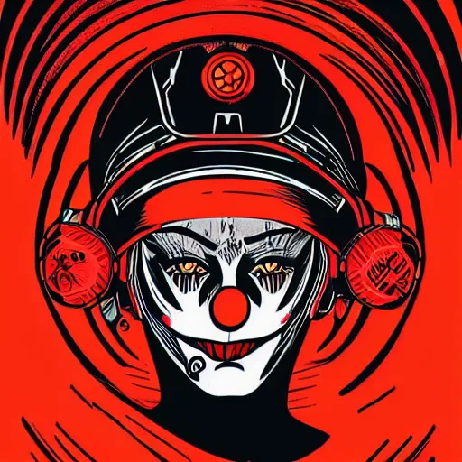 Image similar to Illustrated by Shepard Fairey and H.R. Geiger | Cyberpunk Clown Vampire with VR helmet, surrounded by cables