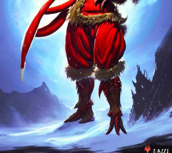 Image similar to magic : the gathering fantasy character concept art of the great lobster wearing a santa outfit by franz frazetta and marco bucci, high resolution. a clear portrait of powerful lobster wearing a santa outfit, magical christmas wonderland in background, fantasy coloring, intricate, digital painting, artstation, smooth, sharp focus