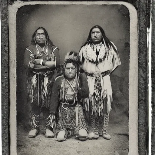 Image similar to Precolumbian America, Native American tribesmen, tribeswomen, tintype photograph, 1250 AD photograph