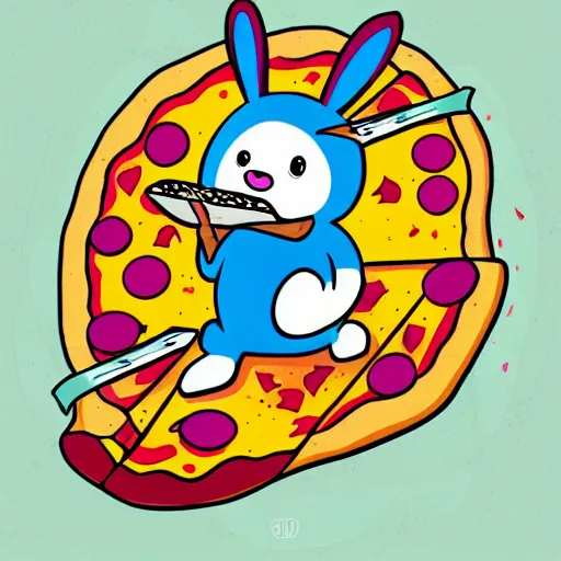 Prompt: cartoon bunny is eating pizza, colorful art