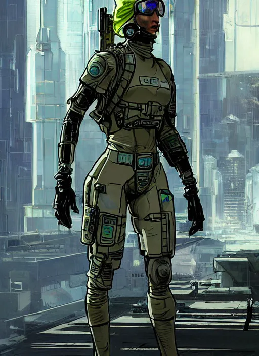 Image similar to Selina. USN special forces futuristic recon operator, cyberpunk military hazmat exo-suit, on patrol in the Australian autonomous zone, deserted city skyline. 2087. Concept art by James Gurney and Alphonso Mucha. (mgs, rb6s)