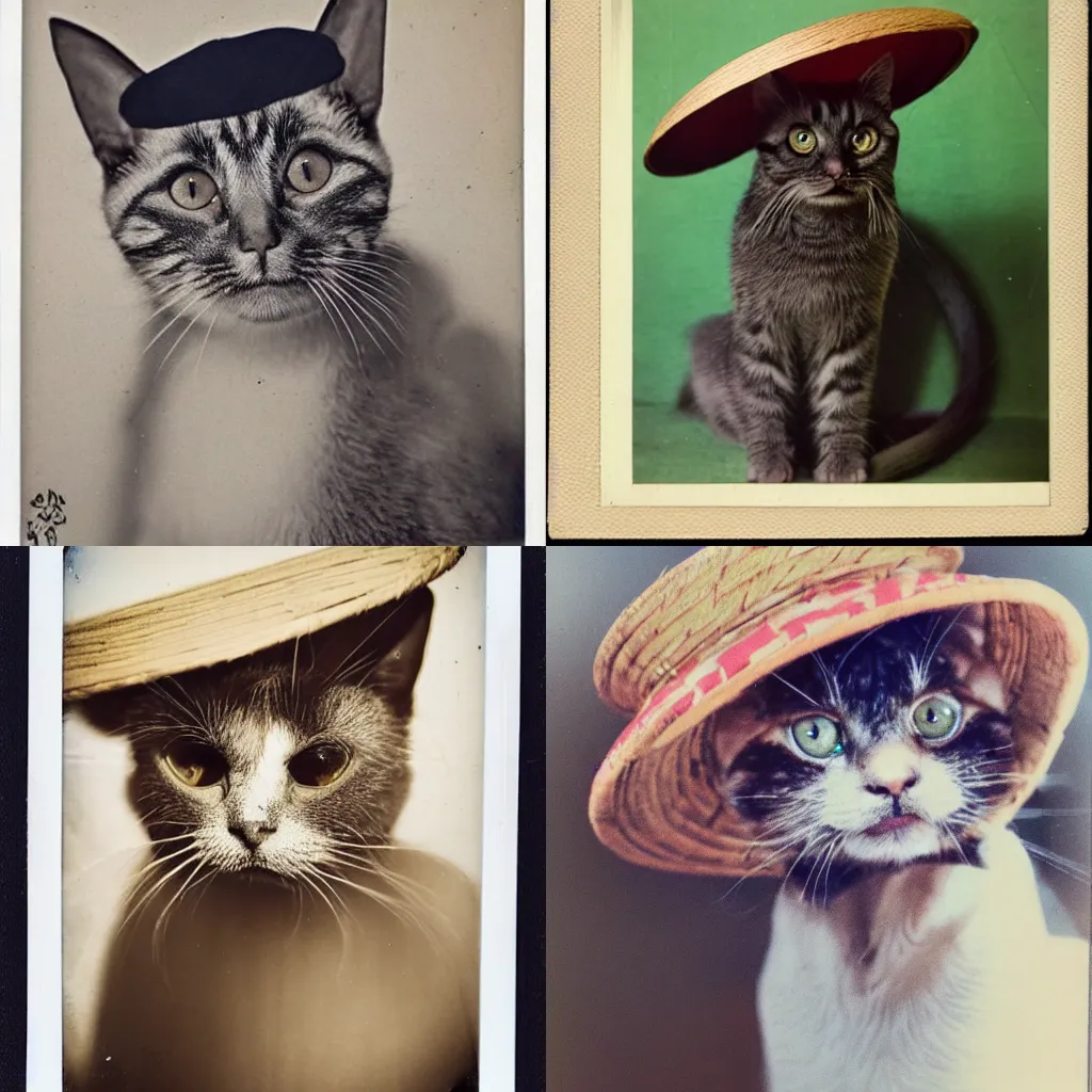 Prompt: A portarit of an old Vietnamese cat wearing a Vietnamese straw hat and with giant brows looking scared to the camera, polaroid photo, colored, award winning