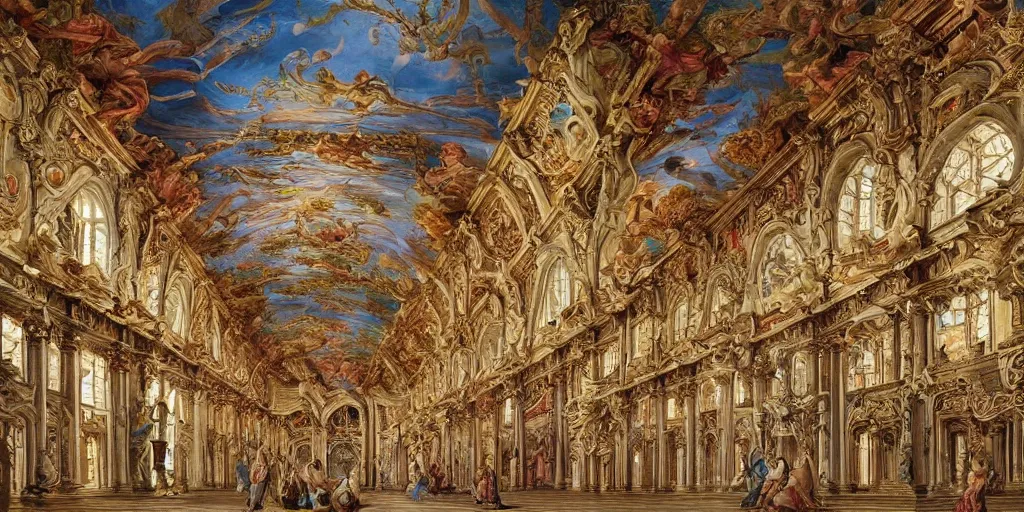 Image similar to beautiful ornate heavenly marble rococo megastructure in the style of heironymus bosch, colorful light intricate masterpiece, hyper detailed, hd
