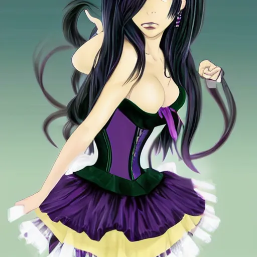 Image similar to a beautiful anime woman with long black hair, wearing a black corset top and a purple tutu, art by Steve Argyle