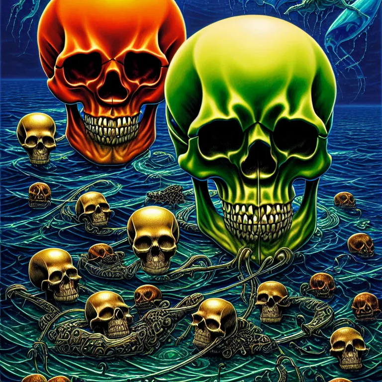 Prompt: a single skull in the sea by dan mumford and vladimir kush and donato giancola and ted withers and peter driben and brom and roberto ferri, glowing red skull, blue jellyfish, green water, highly detailed, high contrast, intricate details, blended palette
