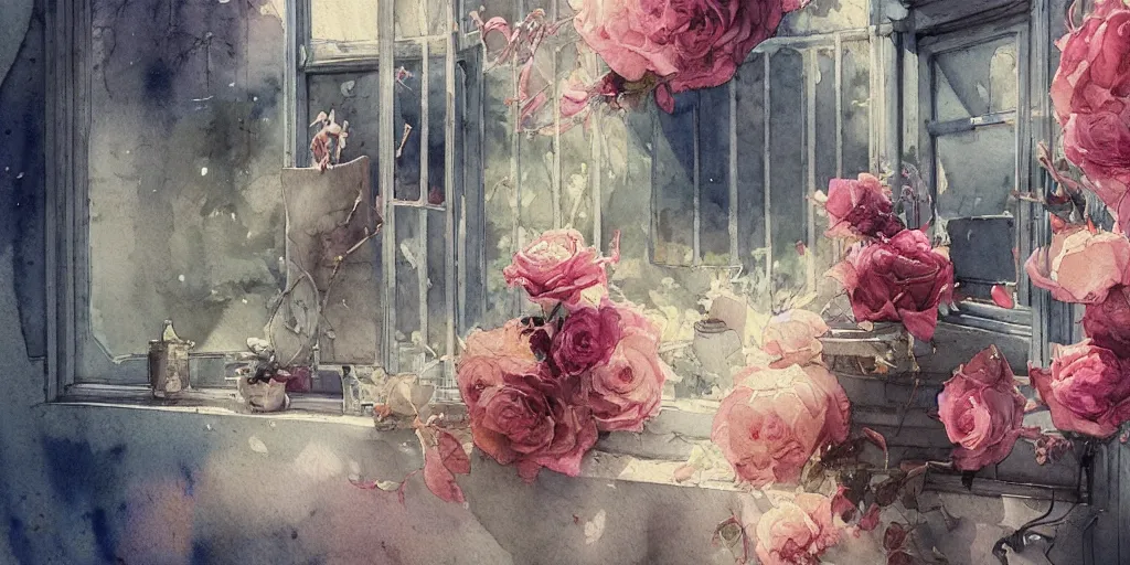 Prompt: a beautiful insanely intricate watercolor illustration of modern rose still life in the windows, colorfull, by william turner art, by greg rutkowski, by james jean, by rossdraws, by frank franzzeta, by sakimichan, by edmund dulac, trending on artstation, insanely detailed, masterpiece,