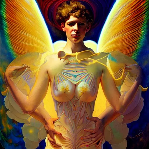 Image similar to psychedelic angelic celestial being artwork of esao andrews frank xavier leyendecker, energy body, sacred geometry, esoteric art, divinity detailed, saturated colors,