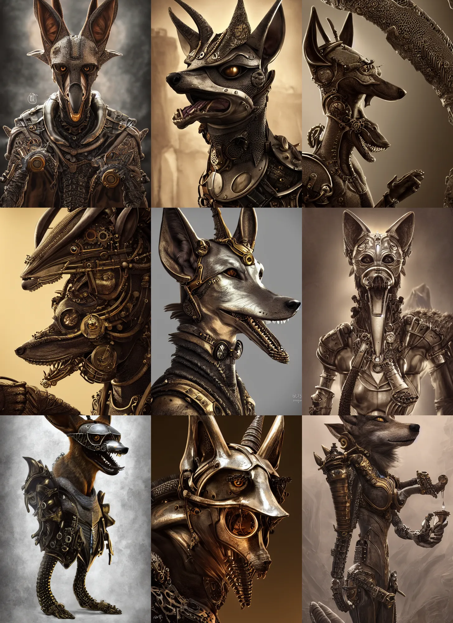 Prompt: anthropomorphic jackal wearing steampunk armor, beautiful natural rim light, intricate, fantasy, anubis, elegant, hyper realistic, photo realistic, ultra detailed, concept art, octane render, beautiful natural soft rim light, uplight, silver details, elegant, ultra detailed, dustin panzino, giger, mucha