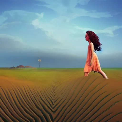 Image similar to portrait, giant dahlia flower head, girl walking between dunes, surreal photography, sunrise, blue sky, dramatic light, impressionist painting, digital painting, artstation, simon stalenhag