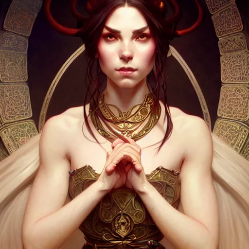 Image similar to ,portrait of an female tiefling, D&D, fantasy, intricate, elegant, highly detailed, digital painting, artstation, concept art, smooth, sharp focus, illustration, art by artgerm and greg rutkowski and alphonse mucha