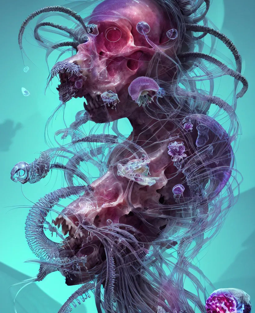 Image similar to goddess close-up portrait ram skull, thorax, x-ray, backbone, jellyfish phoenix head, nautilus, orchid, skull, betta fish, bioluminiscent creatures, intricate artwork by Tooth Wu and wlop and beeple. octane render, trending on artstation, greg rutkowski very coherent symmetrical artwork. cinematic, hyper realism, high detail, octane render, 8k