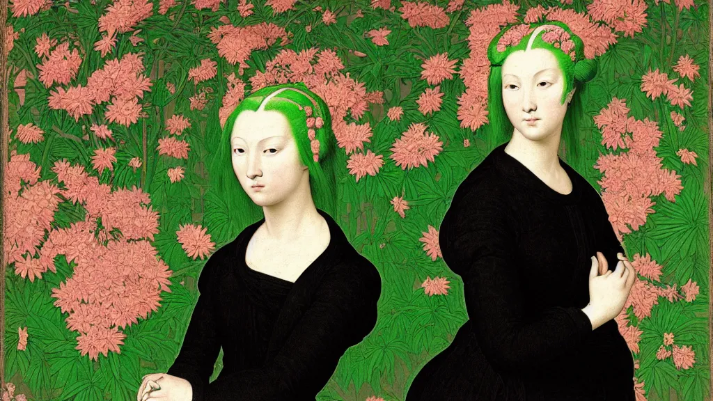 Image similar to portrait of a woman with neon green hair, wearing a black hoodie, standing in a garden full of flowers, intricate details, high detail, in a renaissance style, super-flat, in the style of Jean Auguste Dominique Ingres, James Jean, punk, Asian art,