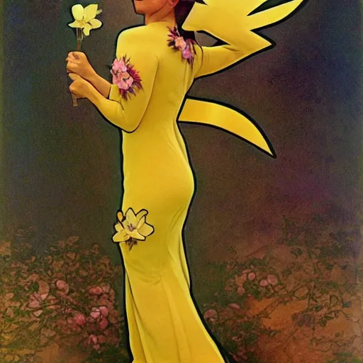 Image similar to elegant woman dressed up as pikachu art photo by Annie Liebovitz and Alphonse Mucha