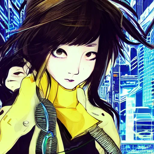 Image similar to Frequency indie album cover, luxury advertisement, yellow filter. Clean and detailed post-cyberpunk sci-fi close-up schoolgirl in asian city in style of cytus and deemo, blue flame, relaxing, calm and mysterious vibes, by Tsutomu Nihei, by Yoshitoshi ABe, by Ilya Kuvshinov, by Greg Tocchini, nier:automata, set in half-life 2, Matrix, GITS, Blade Runner, Neotokyo Source, Syndicate(2012), dynamic composition, beautiful with eerie vibes, very inspirational, very stylish, with gradients, surrealistic, dystopia, postapocalyptic vibes, depth of field, mist, rich cinematic atmosphere, perfect digital art, mystical journey in strange world, beautiful dramatic dark moody tones and studio lighting, shadows, bastion game, arthouse