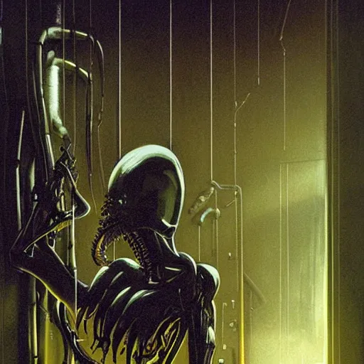 Prompt: black glossy xenomorph, alien movie, backrooms, endless abandoned office cubicles, pale yellow wallpaper, moist brown carpet, dim fluorescent lighting, artstation, ultra detailed, creepy, dramatic lighting, photorealistic, art by h. r. giger and chris foss and beksinski