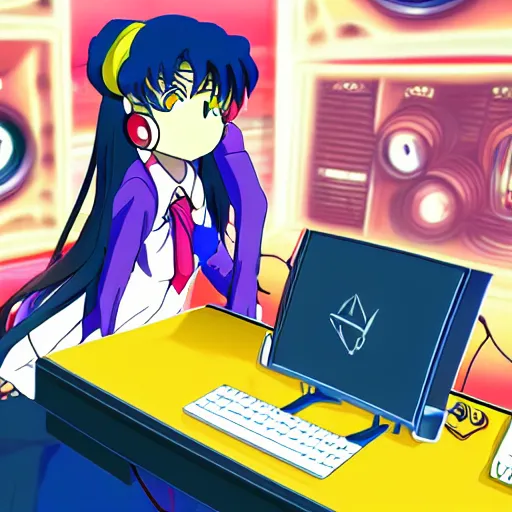 Image similar to An anime character working in their music studio. 90s anime, Sailor Moon, VHS, official art, flat cell shading, fantastic screenshot, trending on artstation