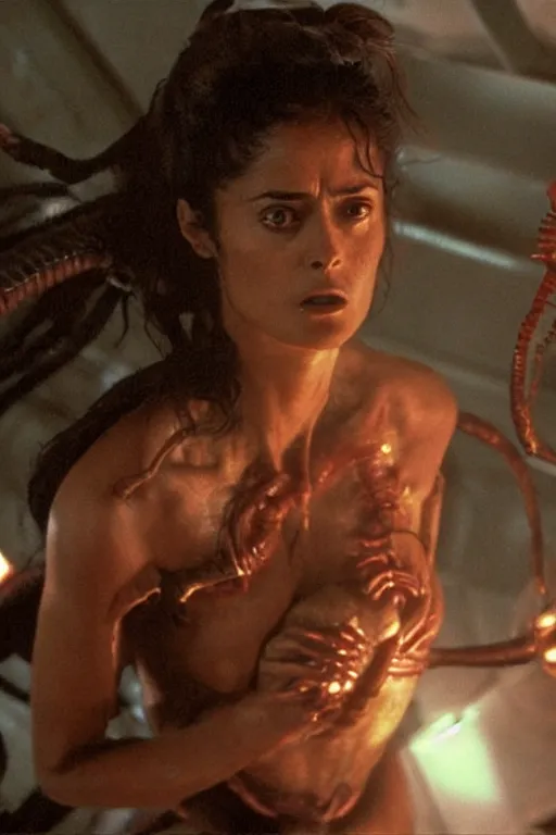 Image similar to film still of salma hayek in the movie Alien, xenomorph mounted on her, cinematic shot, scary, fear emotions, ambient lighting 4k.