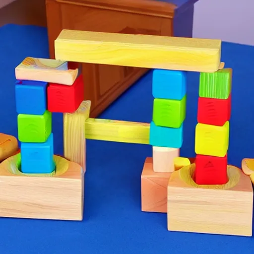 Prompt: wooden kids toy blocks city town of wood blocks stacked