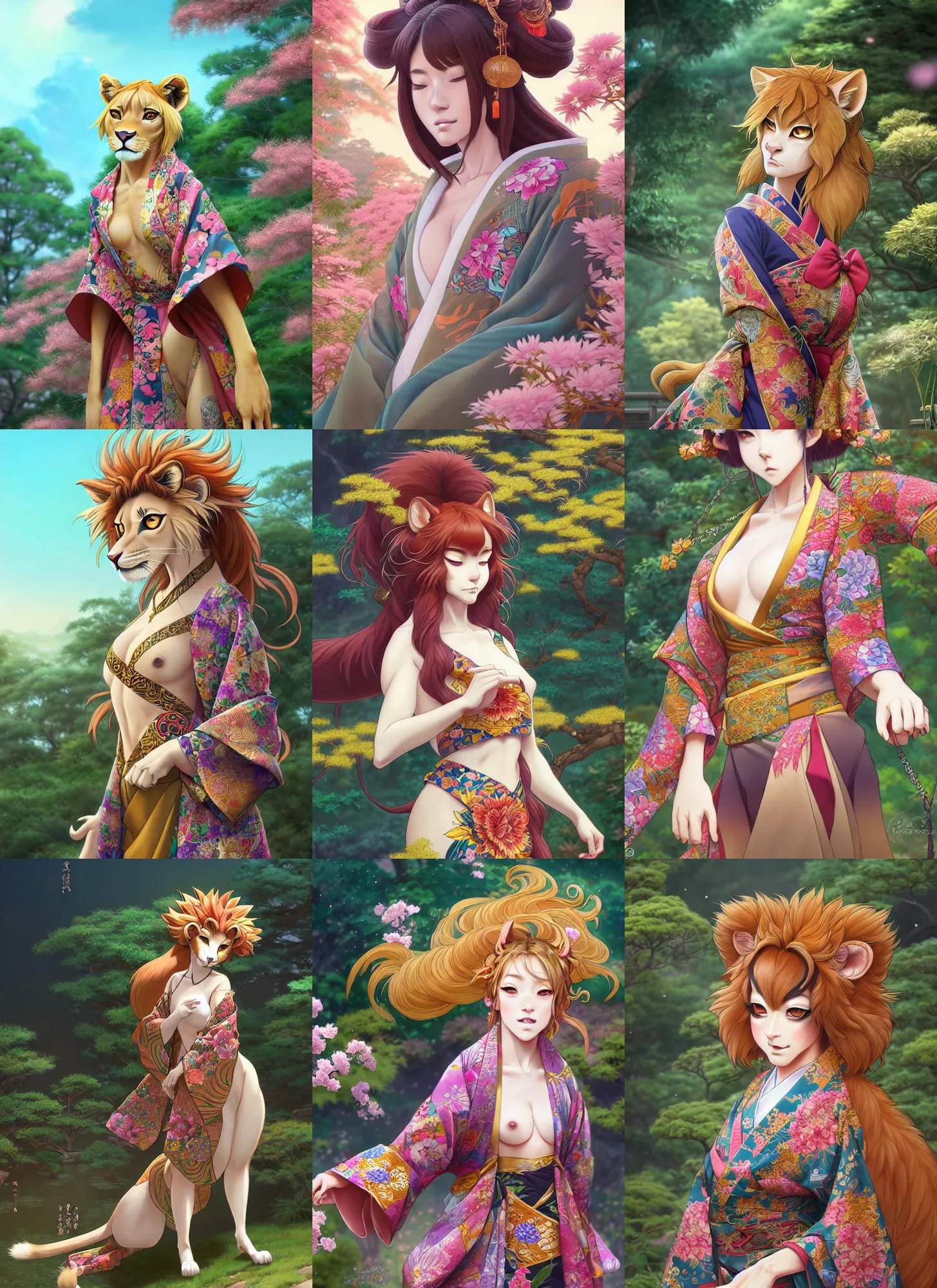 Prompt: beautiful high angle full body portrait of a female anthropomorphic lioness fursona wearing a ornate kimono in a japanese garden. character design by disney, anime, manga, charlie bowater, ross tran, artgerm, and makoto shinkai, detailed, soft lighting, rendered in octane